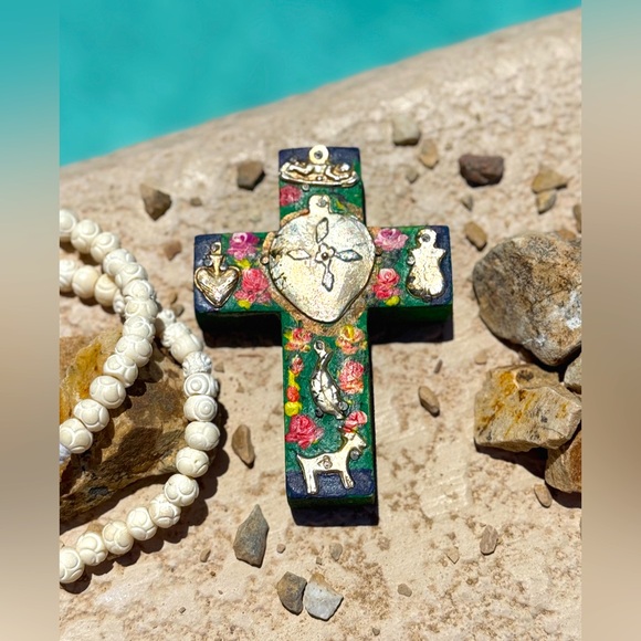 Vintage Other - Milagros Silver Metal Charm Spanish Folk Art Painted Wood Cross-Turquoise Green